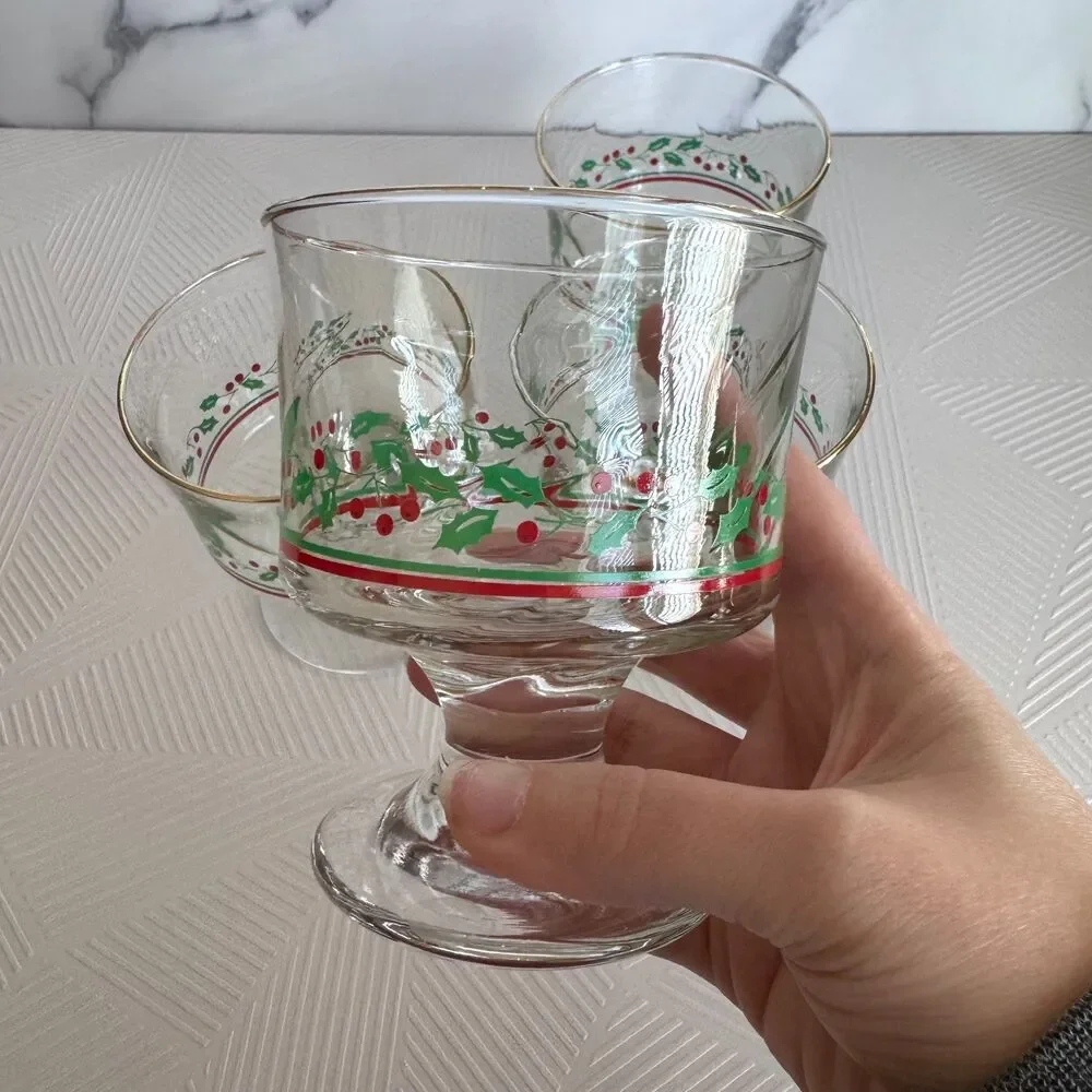 Set Of 4 Vintage Arby’s Libbey Holly Berry Sherbet Dessert Dishes Glasses 4